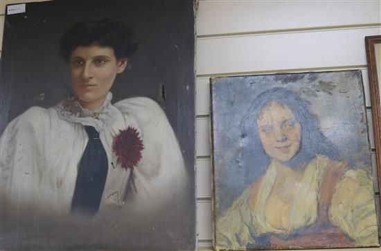 Oil, portrait of a lady and an oleograph, largest 64 x 50.5cm. unframed
